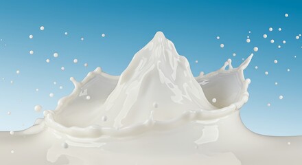 Dynamic Milk Splash Against a Gradient Blue Background with Floating Droplets