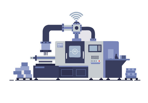 A stylized robotic arm operates a modern industrial machine with 5G connectivity. Clean, geometric design with a blue and grey color palette. Ideal for technology and automation concepts.
