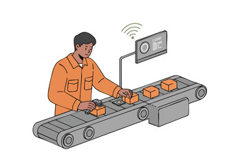 A worker adjusts sensors on a conveyor belt, monitoring a digital display. Modern industrial setting, showcasing automation and quality control. Clear, focused composition.