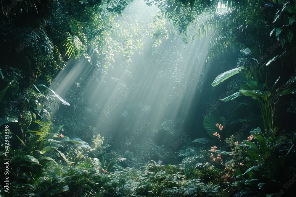 Poster morning light streams through dense foliage creating ethereal glow in a tropical jungle