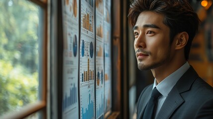 Contemplative Businessman by Window, Reviewing Charts