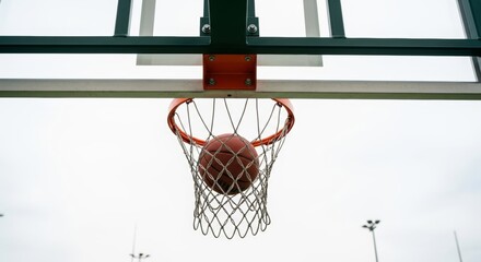 Basketball going through the hoop with a chain net against a cloudy sky. Perfect for showcasing achievement, victory, and outdoor sports.