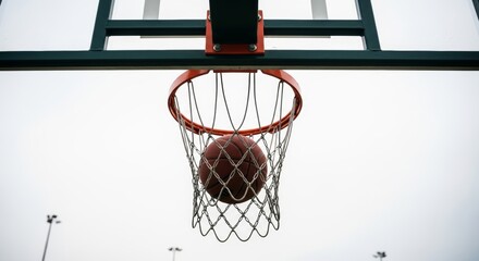 A basketball perfectly captured mid-air, scoring through a metal chain net on an orange hoop. Ideal for sports, success, and game themes.