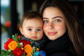 A happy mum holds her baby in her arms. Generative AI