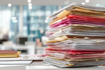 Towering stack of documents on office desk in modern corporate environment
