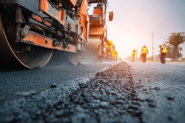 Road construction crew and machinery with steamrollers on fresh asphalt in urban setting