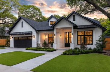Fototapeta na wymiar the exterior front view of an single family house in Austin, Texas with white walls and black trim at sunset