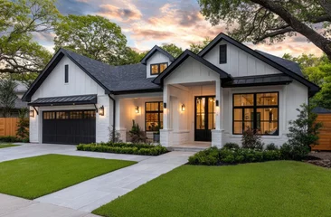Fototapete Rund the exterior front view of an single family house in Austin, Texas with white walls and black trim at sunset © Kien