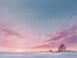 pink sunset over a snow covered prairie in winter