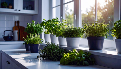 Obraz premium A window sill with several potted plants, including basil, parsley, and mint. The plants are arranged in various sizes and heights, creating a lush and vibrant display