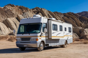White rv camper in desert landscape with rocky mountains and clear blue sky
