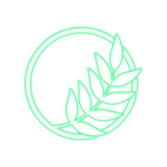 Neon Green Leaf Branch Circle. Nature Tech Logo. Transparent background.
