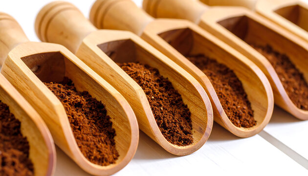 More ground coffee powder in wooden scoops with a close-up view