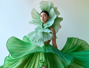 Fashion editorial Concept. Asian pretty girl of tulle flowing petal pleats, high fashion green lime couture with headpiece ornament and bridal swirl dress. copy text space	
