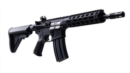 A sleek modern black assault rifle presented against a clean white backdrop, highlighting its design and engineering, suitable for military and firearms enthusiasts.