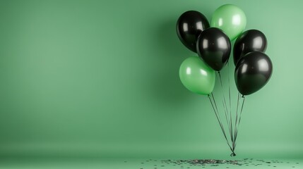 An arrangement of black and green balloons amidst colorful confetti on a vibrant green backdrop, exuding a festive spirit and celebration atmosphere.