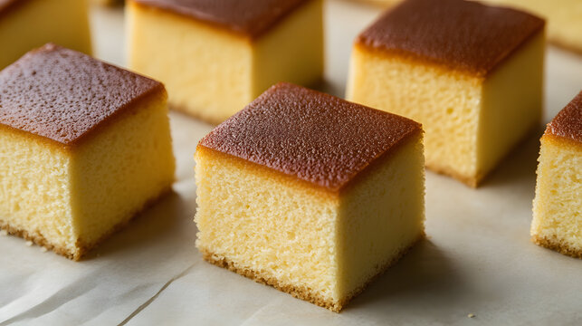 Golden castella cake slices with soft, fluffy texture are arranged neatly, showcasing their rich, inviting appearance