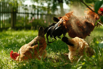 Chickens take a dust bath on a sunny day in a grassy, fenced area.