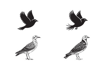 Flying and Standing Bird Silhouette Clipart for Nature and Wildlife Design