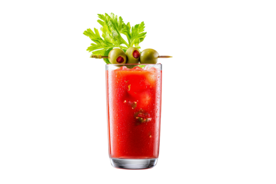 A glass of red drink with a garnish of olives and celery - Powered by Adobe