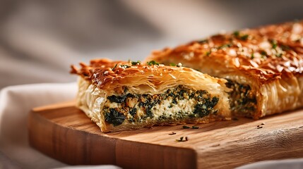 Gourmet spanakopita slice cut open on a wooden board, flaky crust detail highlighted,