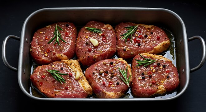 Marinated Pork Chops with Rosemary Garlic and Pepper in a Metal Pan - Powered by Adobe