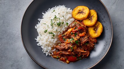 High-end food photography of ropa vieja with white rice and fried plantains on a modern matte plate