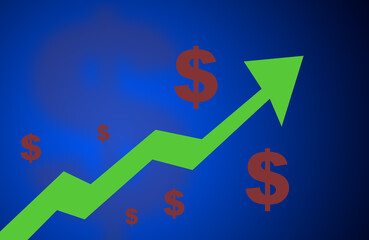 financial growth with the green arrow up, investments, increased profits, business success, and economic strategy