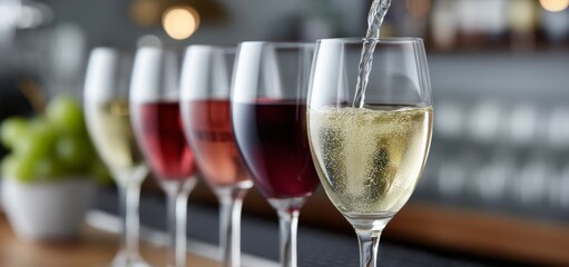 Obraz premium Variety of wine in glasses with sparkling pouring and fresh green grapes