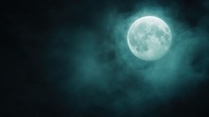 A mystical full moon casts a serene glow amidst a foggy sky, creating an ethereal atmosphere that evokes feelings of tranquility, mystery, and wonder.