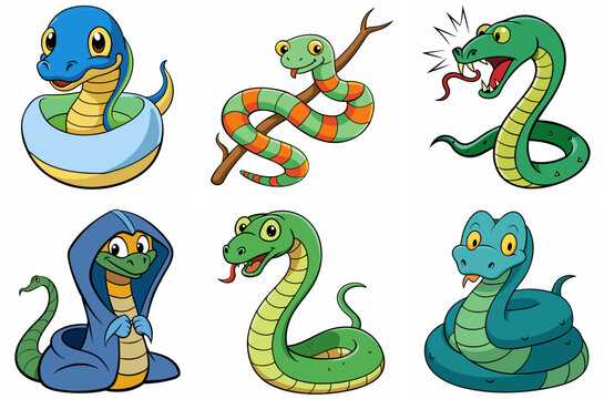 Colorful Cartoon Snakes Collection Vector Illustration Of Animals Isolated On White Background