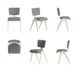 Set of six views of a simple chair with a gray boucle fabric seat and back, wooden legs isolated on...