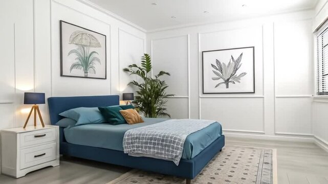 Bedroom interior design ideas blue bed white walls art lamps plant bedside table decor and home styling