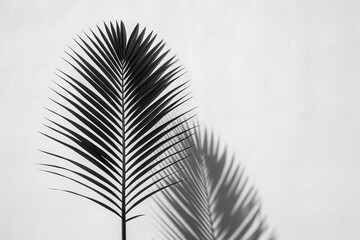 Monochrome Palm Frond and Shadow on White Wall - Minimalist Botanical Photography