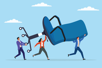 Vector illustration of a group of business people carrying a giant chair, representing strong teamwork, collaboration, and joint effort to support leadership and shared success
