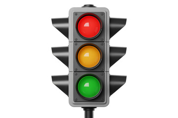 A close up of a traffic light with red yellow and green lights illuminated against white background
