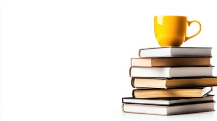 Fototapeta premium A cozy stack of books topped with a bright yellow cup, ideal for a warm beverage, inviting a sense of comfort and intellectual engagement at home.