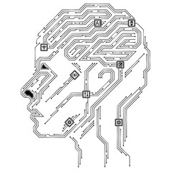Silhouette of an artificial intelligence head in the form of a circuit board and sensors. The concept of digital thinking and technologies of the future. White background.
