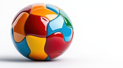 Obraz premium A vibrant and glossy puzzle ball with an array of colorful pieces rests elegantly on a stark white background, symbolizing playfulness and creativity in design.