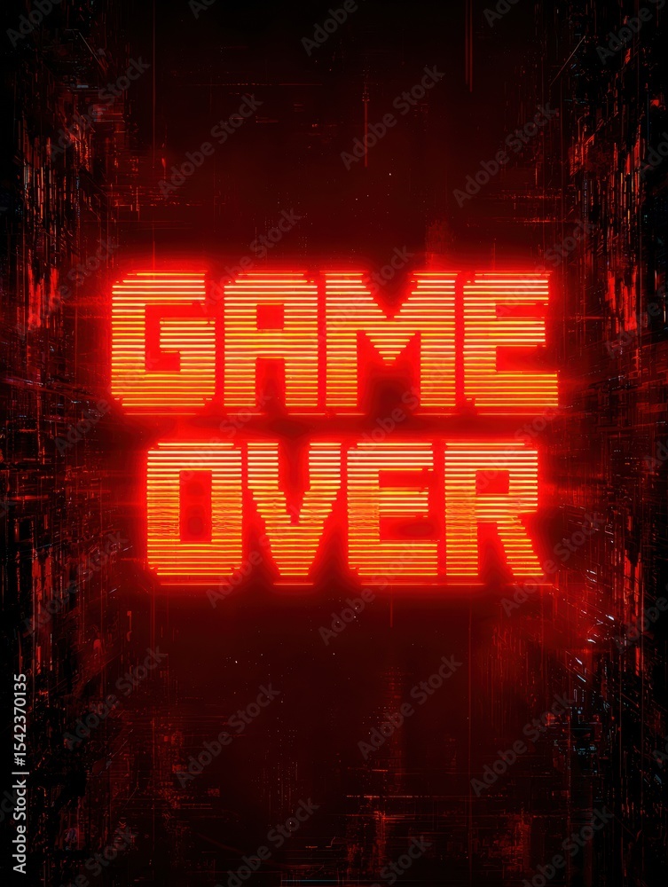 Poster Glowing Red Game Over Screen With Futuristic Glitch Effect in a Digital Art Style
