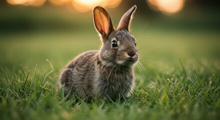 A small brown rabbit sits in a field of green grass at sunset