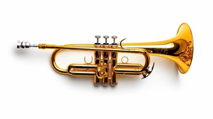 Obraz premium A beautifully shiny gold trumpet accentuates its intricate details and craftsmanship, positioned perfectly on a pure white background for maximum visual impact, perfect for music themes.