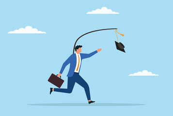 Vector illustration of a man running to catch a graduation cap hanging in front of him, symbolizing the pursuit of education, academic success, and the determination to achieve goals
