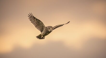 A small owl in flight against a soft, pastel sunset sky