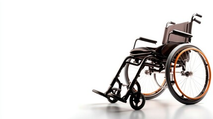 Fototapeta premium This thoughtful image of an empty wheelchair set against a bright white background evokes feelings of hope, independence, and inclusivity, highlighting accessibility in modern design.