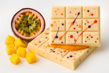 gourmet dubai white chocolate bar with mango and passionfruit filling surprise popping candy cubes of fresh mango and halved passionfruit exotic tropical dessert concept of luxury confectionery sweet 