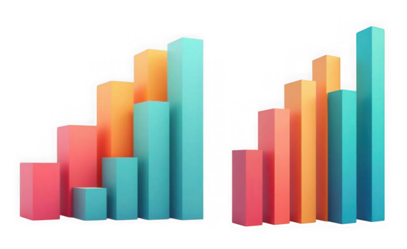 Two colorful 3d bar graphs showing different data trends isolated on transparent background