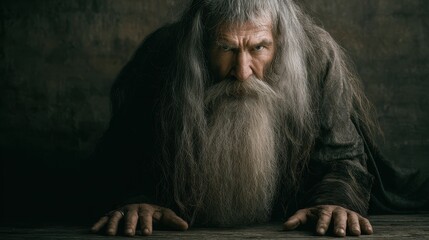 An old man with long hair and a beard leans forward intensely, his piercing gaze conveying wisdom and power. Dramatic lighting and dark tones.