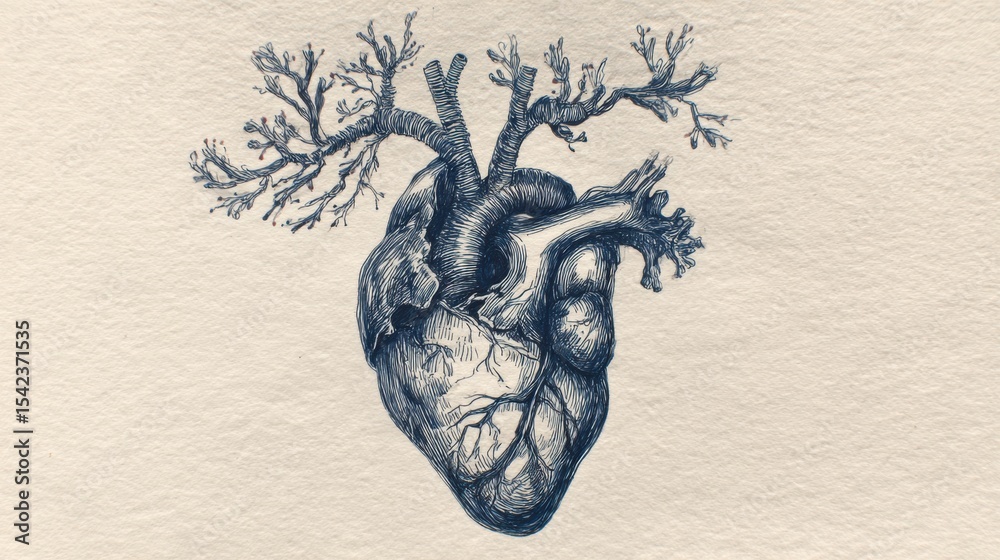 Poster heart illustration with delicate branches symbolizing life and connection in a natural, artistic sty