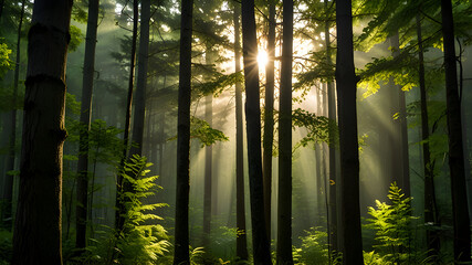 Sunlight filtering through tall forest trees, fresh green tones, natural vertical image